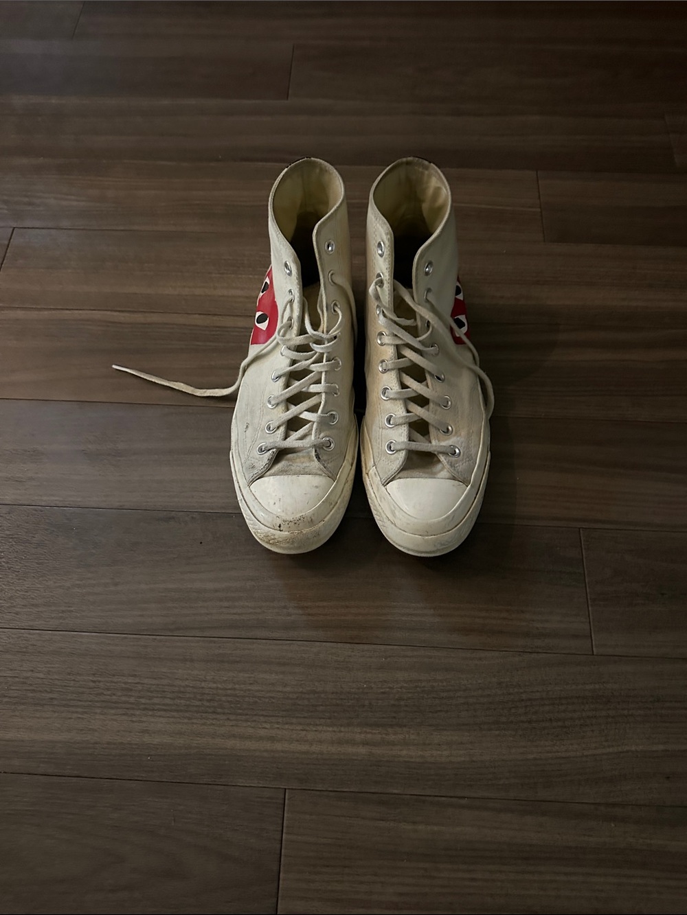 Converses x Comme des Garcons PLAY High-Top Sneakers in Cream with Red heart